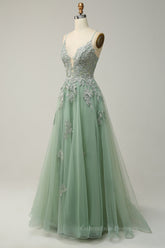 Bridesmaid Dresses Sage Green, Dusty Sage Plunging V Neck Appliques Lace-Up A-line Long Prom Dress